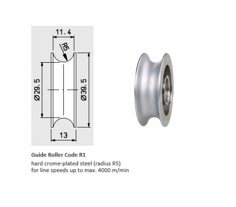 Code R1 - Durchlaufgeschwindigkeit vmax. … m/min 4000 / Stahl hart verchromt (Radius R5), für Materialdurchmesser 3 – 9 mm
