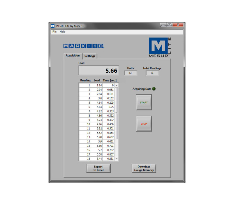 MESUR® Lite ist ein grundlegendes Datenerfassungsprogramm, das die von einem Mark-10-Kraft- oder Drehmomentmessgerät empfangenen Daten tabellarisch darstellt und den Export der Daten nach Excel ermöglicht