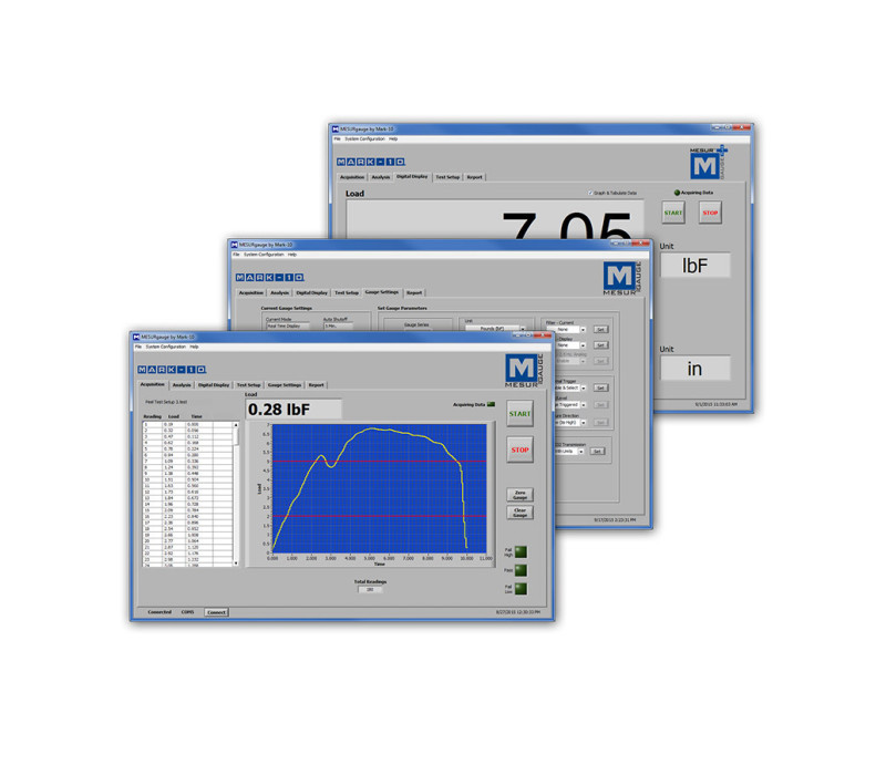 MESUR® Gauge ist ein fortschrittliches Datenerfassungsprogramm für die Verbindung mit Mark-10-Messgeräten und Prüfständen. Das Programm stellt Lasten im zeitlichen Verlauf tabellarisch dar und bietet zahlreiche anspruchsvolle Werkzeuge für Prüfaufbau, Analyse und Berichterstellung