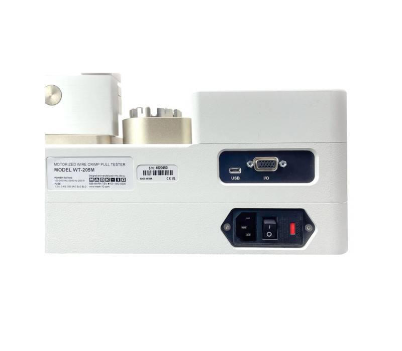 WT-205M Rückansicht. USB, RS-232, Mitutoyo (Digimatic), analoge und Sollwertausgänge stehen zur Verfügung. Mark-10 Kraft- und Drehmomentmessung.